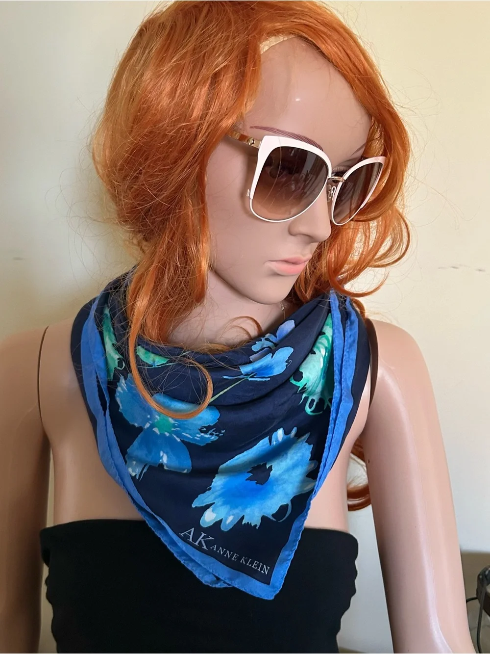 Anne Klein Navy Floral Silk Scarf with Blue & Aqua Blooms